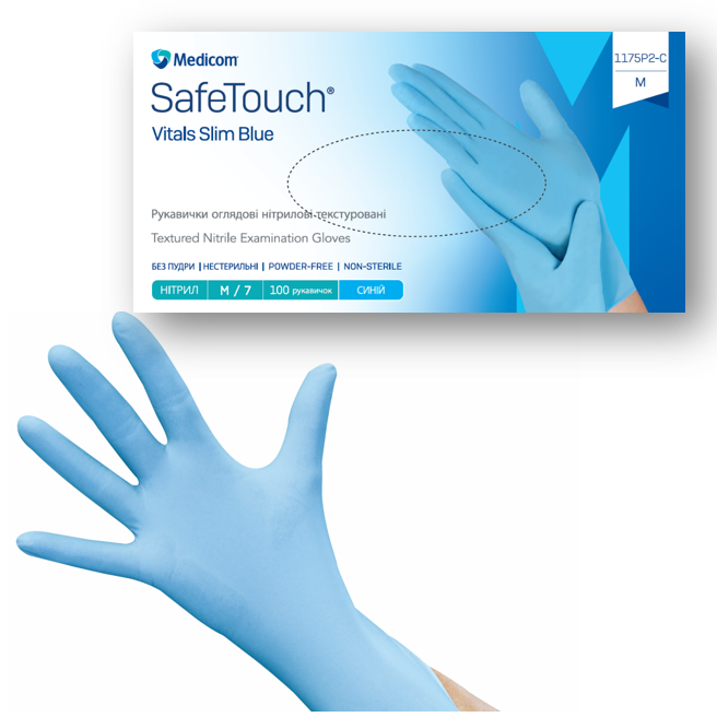 Рукавички оглядові нітрилові текстуровані без пудри нестерильні SafeTouch™ Vitals Slim Blue (синій, розмір S)